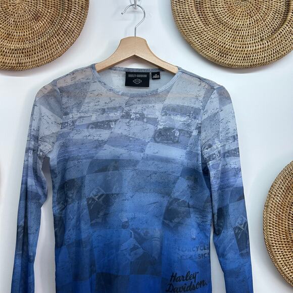 Harley-Davidson Blue Sheer Mesh Crop Long Sleeve Shirt XS Biker Bikercore Y2K - Picture 4 of 6